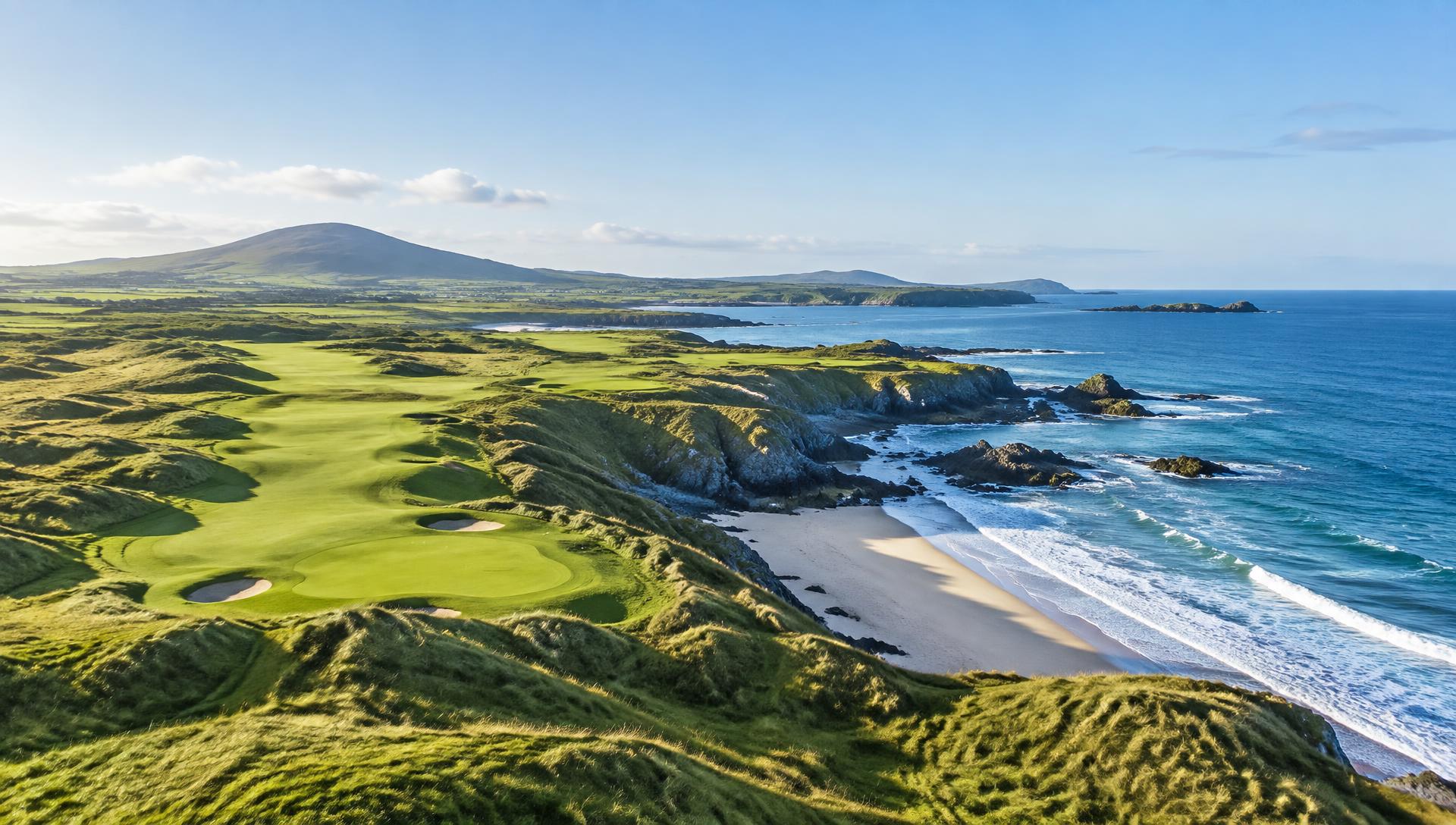 A coastal links golf course beside the Atlantic Ocean